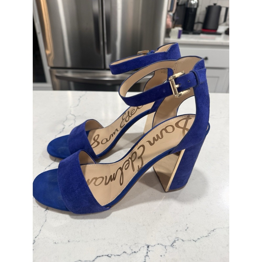 Sam Edelman Royal Blue Suede Block Heels Gold Trim Women's 9.5